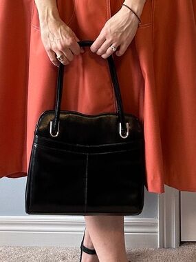 Vintage 1960s/70s Black Structured Handbag | Gold Frame | Paisley Interior